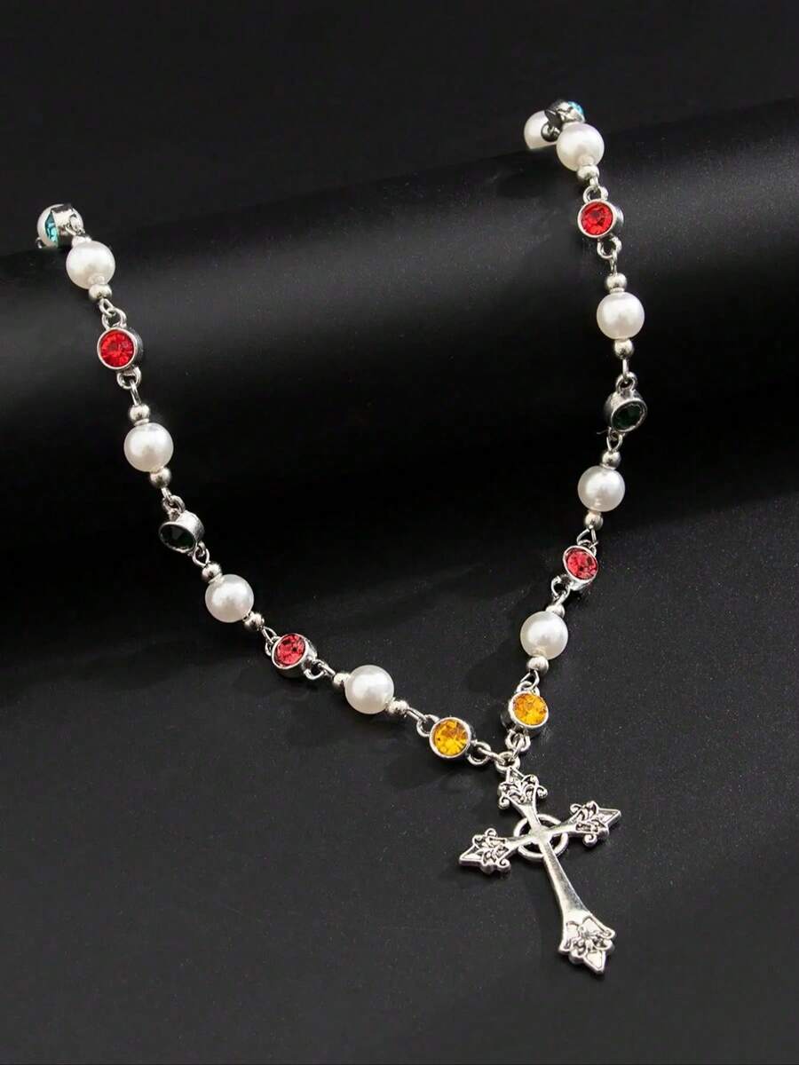 Colgante de cruz vintage punk para hombres con cadena de strass, material de aleación, estilo bohemio, regalo perfecto para todas las estaciones, collar de cruz copta, collar con dije de cruz - Plateado - Ver 1