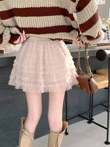 Váy chữ A ngắn cho nữ, mẫu thiết kế Hàn Quốc thanh lịch, dáng nhỏ nhắn, chất liệu lưới xếp ly, thích hợp mặc mùa xuân/hè. - Màu Khaki - Xem 8