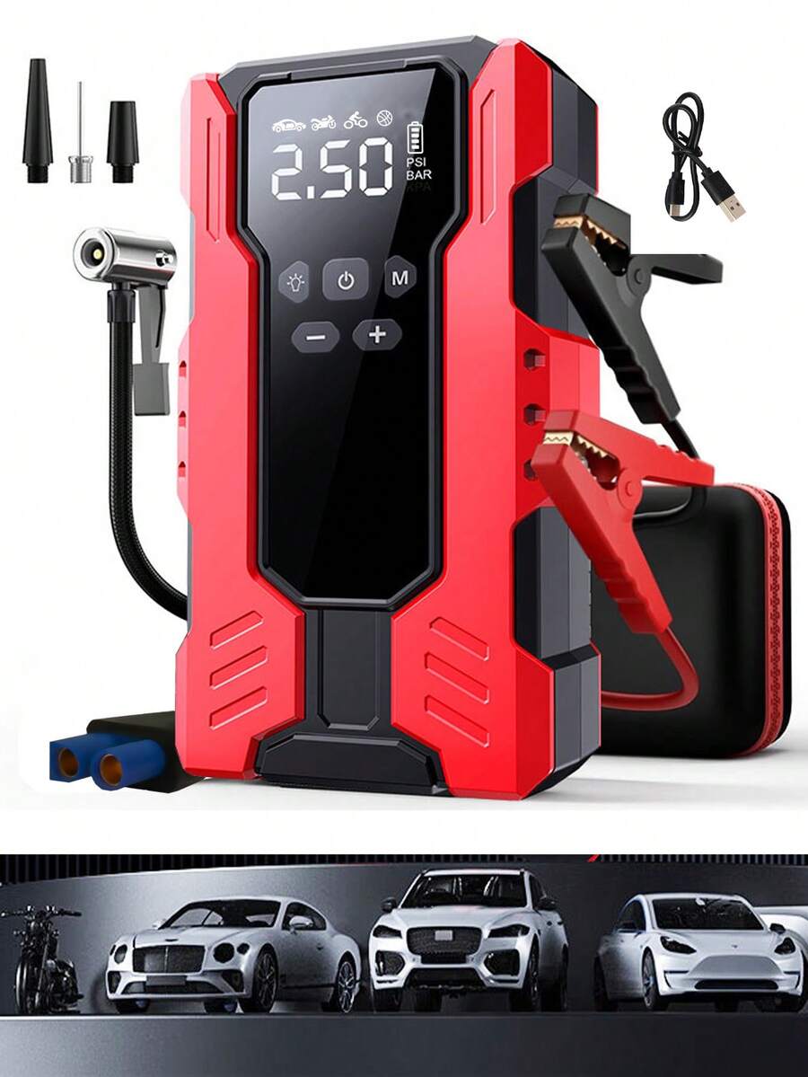 Arrancador de salto de compresor de aire con empaque de EVA, banco de energía - Carga rápida de teléfono, cargador de batería de automóvil Luz de emergencia LED, inflado rápido, monitoreo de presión de neumáticos, arrancador portátil de batería de automóvil de 12V