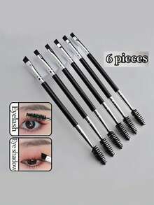 6 piezas Brochas de maquillaje multifuncionales de doble punta, Brocha delineador de ojos, Brocha de cejas, Brocha de pestañas - Negro - Ver 7