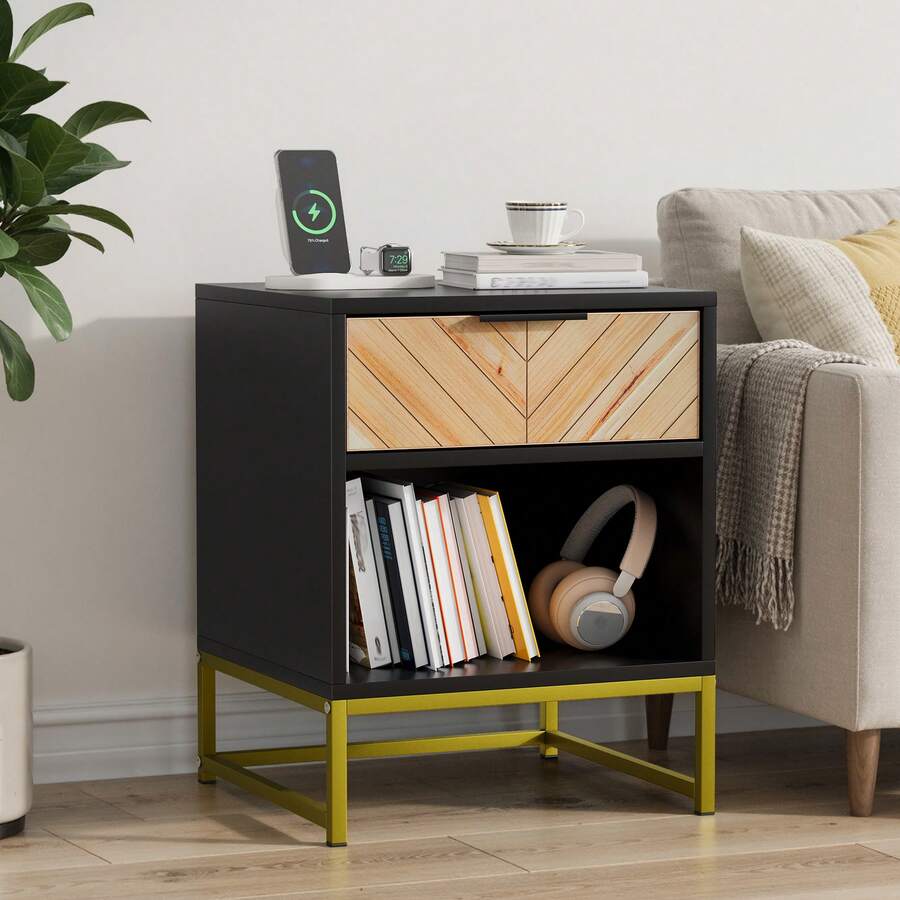 Modern Bedside Table With One Drawer And One Open Compartment, Suitable For Living Room, Bedroom And Hallway, 43 X 40 X 55 Cm, 1 Piece - Black + Natural Color + Medium Density Fiberboard - View 1