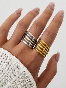 2pcs/1pc 18K Gold Plated Chunky Statement Gold Stainless Steel Ring For Women, Hypoallergenic Wide Stack Ring, Accessories For Women - Style 5 - View 4