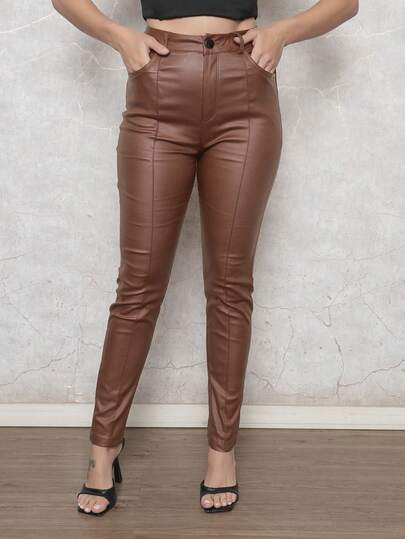 DUOUNO MODAS - CALÇA FEMININA RESINADA ELEGANTE COM BOLSOS LATERAIS E TRASEIROS E BOTÃO PRATA - CALÇAS FEMININAS