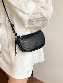 2026 Spring New Minimalist Fashion Solid Color Litchi Texture Saddle Bag, Casual Lace-Up Shoulder Mini Bag - Black - View 8