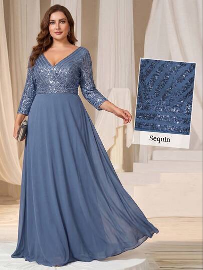 EVERPRETTY Plus Size V-Neck Sequin Contrast Color Chiffon Light Blue Evening Dress, Suitable For Formal Wedding Guest, Graduation Ceremony, Gala Dinner And Other Occasions, Mother Of Brides, Valentine's Day Glam Dresses Spring Party Elegant