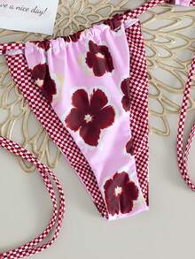 2026 New Women's Swimwear Set, Retro Floral Plaid Print, Triangle Top, Tie-Front Bottoms, Suitable For Spring/Summer Beach, Pool, Cruise And Party Wear - Pink - View 6