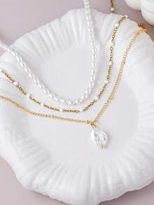 3pcs Elegant Simulated Pearl Multi-Layer Necklace Set, Suitable For Women's Daily, Date, Party, Fashionable Jewelry Accessories - Yellow Gold - View 4