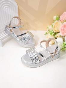 Sandalias de suela gruesa tejida de oro metálico con correa de tobillo de strass para niñas, zapatos casuales antideslizantes de verano para niños - Plateado - Ver 2