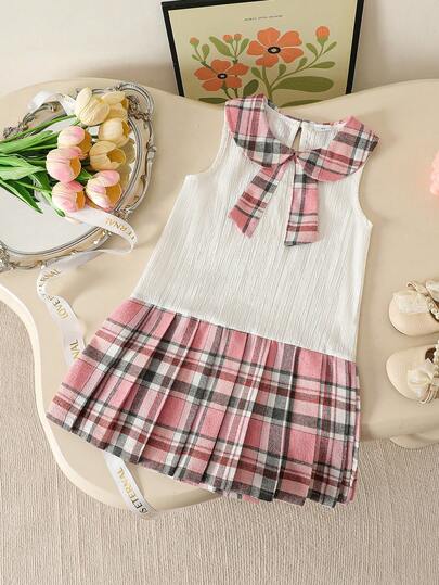 Summer Young Girls' Minimalist Dress, Collared Sleeveless Plaid Patchwork, Solid Color Collegiate Style Sweet Girl Pleated Skirt, Casual Outdoor School Dress For Girls, Essential For Daily, Vacation, Outdoor, Beach Wear
