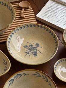 1 Set New Chinese Style Blue Painted Tableware, Highly Attractive Vintage Floral Asymmetrical Tableware, Freesia Series Plates, Breakfast Dessert Bowls, Vegetable Salad Mixed Rice Plates, Large Capacity Noodle Bowls, Suitable For Home, Restaurant, Cafe, Dessert Shop, Gift, Gathering, Party - Blue - View 9