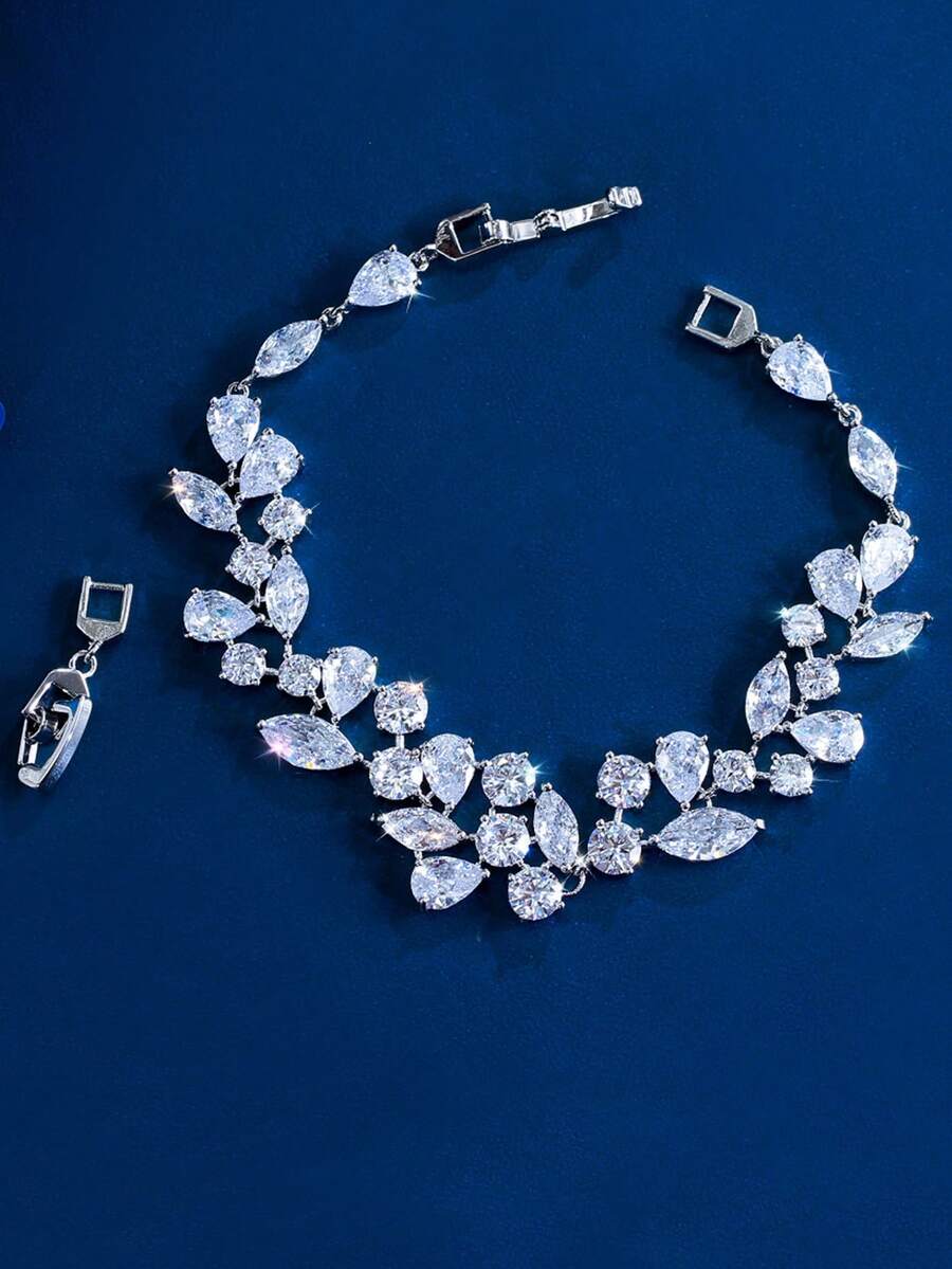 1pc Sparkling Cubic Zirconia Irregular Leaf Branch Cubic Zirconia Wedding Bracelet, Silver Plated & Gold Plated Bridal Jewelry For Brides, Bridesmaids, Engagement, Banquet, Pageant, Prom