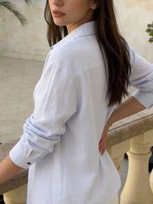 Women's Casual Woven Dolman Shirt, Collared, Button Front Spring - Baby Blue - View 5