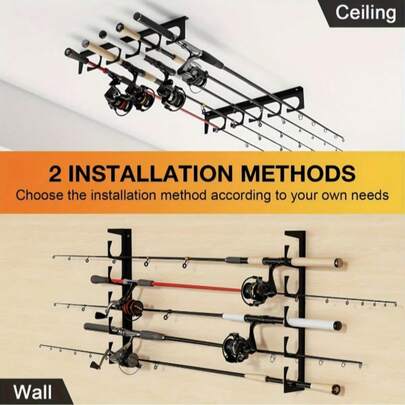 Soporte para varillas de pesca que ahorra espacio | Organizador de varillas de pesca montado en la pared o en el techo con almohadillas protectoras suaves de TPU, almacenamiento de varillas de plástico ABS adecuado para varillas de agua salada, spinning, casting y trolling (Soporta hasta 5 varillas), equipo de pesca y carretes