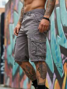 Men's Washed Cotton Cargo Shorts Lightweight Summer Comfortable Classic Multi-Pocket Casual Bottoms With Adjustable Drawstring Hem ,Men Clothes - Grey - View 1