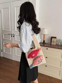 独特设计的针织镂空休闲手提包，配珍珠链条肩带，度假单肩包 - 米色 - 查看 4