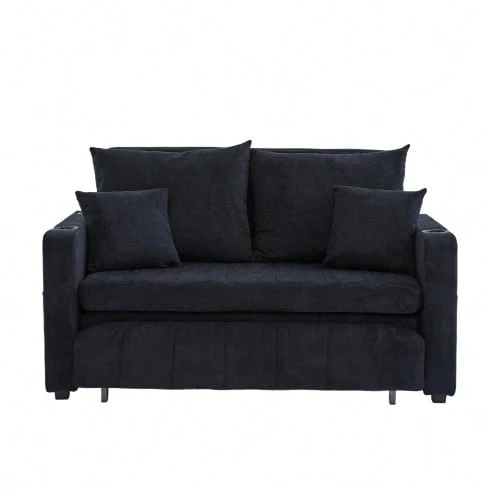 Multifunctional Fabric Sofa, Convertible Sofa Bed, Small Two-Function Living Room Sofa, Removable And Washable Cover, With Storage Bag, Port And Cup Holder. - 黑色 - 查看 1