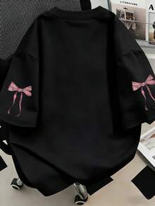 蝴蝶結印花圓領T恤，大尺碼女款休閒夏季上衣，時尚印花短袖..黑色 - 黑色 - 查看 3