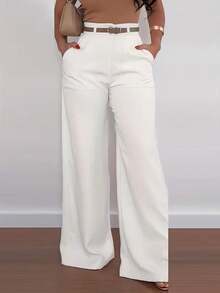 女士时尚高腰直筒休闲裤 白色 春季 - 白色 - 查看 3