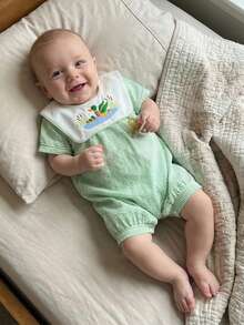 Baby Girl Summer Jumpsuit Short Sleeve Round Neck Duck Embroidery Stripe Romper For Outdoor Daily Wear - 綠色 - 查看 3