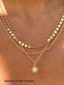 3pcs Delicate Sun Pendant Necklace Set With Disc & Beaded Chain, Multi-Layer Wearable Necklace For Women, Daily Fashion Jewelry (Bead Quantity Random) - Yellow Gold - View 1