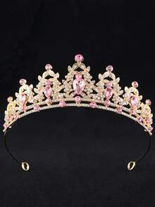 1pc Water Drop Glass Rhinestone Crown Bridal Headpiece, Holiday & Graduation Gift Accessory For Women - Pink - View 2