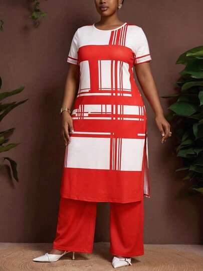 Ensemble deux pièces imprimé géométrique rouge et blanc grande taille, tunique à col rond à manches courtes imprimé géométrique et pantalon large taille haute, élégant et décontracté pour l'été