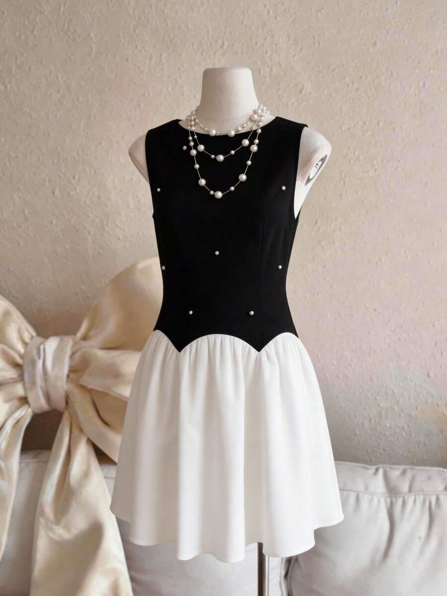 Elegant Solid Color Pearl Decor Handmade Beaded Floral Skirt, Suitable For Party, Vacation, Formal Evening Events - Black - View 1