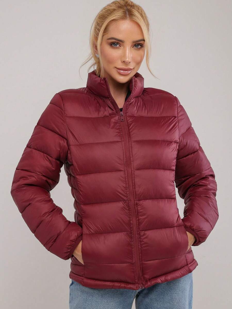 Women's Warm Winter Puffer Jacket With Zipper And Internal Pocket, Casual Winter Coat, New Collection - 勃根地 - 查看 1