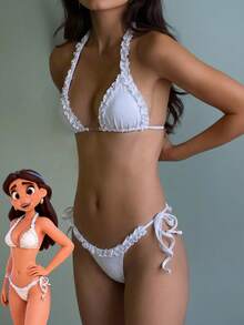 White Lace Trim 2 Pieces Bikini Set - Lace Edging, Halter Tie, Simple Elegant Swimwear For Vacation And Wedding Events - White - View 2