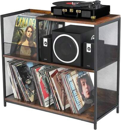 レコードラック レコードプレーヤー ビンテージレコードプレーヤーラック 3 段レコードプレーヤースタンド(調節可能な脚付き) レコードプレーヤー テーブル 4つの調節可能な棚 多機能ディスプレイラック マガジンラック 250枚のレコードを収納可能 (レトロブラウン)