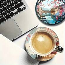 2D FLAT 6pcs/Set Japanese Cherry Blossom & Landscape Wooden Coasters - 10cm, 3/5mm Thick, Perfect For Tea, Coffee & Beverages - Ideal Home Decor Housewarming Gift, Decorate Bedroom, Living Room, Kitchen, Garden, Office, Gift For Parents & Friends, Available In 1 Set, 2 Sets Or 31 Sets, Father's Day Gift - Multicolor - View 3
