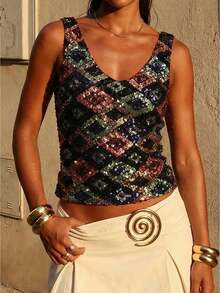 Women Y2K Sequin Tank Tops Contrast Sparkly V Neck Sleeveless Slim Vest Going Out Cami Top Stylish Summer Streetwear Club Party Night Out - 黑色 - 查看 1