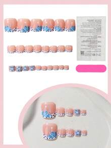 24pcs Adhesive Toe Nail Stickers, Transparent Blue Floral Polka Dot Design, Fresh & Whitening For Summer, Reusable, 1 Nail File + 1 Jelly Gel Included Press On Nails - Baby Pink - View 3