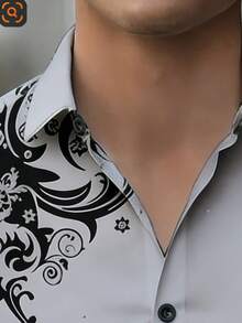 男士时尚印花休闲衬衫，翻领，纽扣长袖 - 淺灰色 - 查看 4