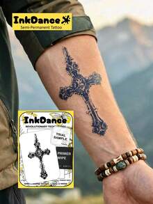 1 Set "Cross" New Technology Temporary Tattoo Stickers, Semi-Permanent Fake Tattoos, Waterproof Long-Lasting, Realistic Design, Plant-Based Formula, Ink Dance Festival Gift Body Art X219 - Black - View 1