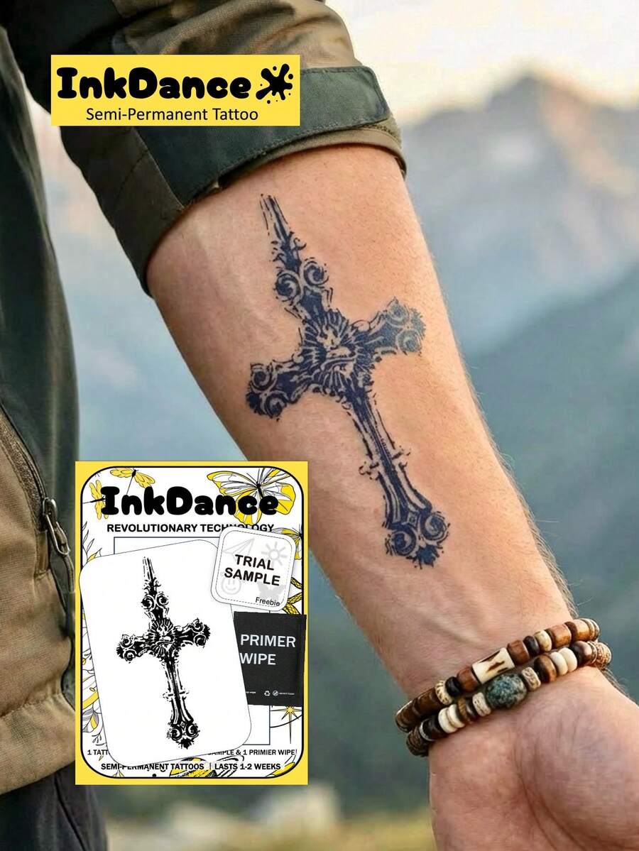 1 Set "Cross" New Technology Temporary Tattoo Stickers, Semi-Permanent Fake Tattoos, Waterproof Long-Lasting, Realistic Design, Plant-Based Formula, Ink Dance Festival Gift Body Art X219 - Black - View 1