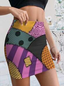 Women Summer Bodycon Skirt Nightmare Before Christmas Sally Inspired Patchwork Print Dress Halloween Costume Tee Spooky Season Apparel Quirky Fashion Top Comfortable Cotton Blend Adult Sizes Mini Skirt - Nhiều màu - Xem 3