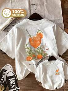 [Double-Sided Print] Casual Women's Top For Spring And Summer, Fresh Style, Wine Glass, Orange, Aperol Spritz Print, Crew Neck, Short-Sleeved T-Shirt Made Of Pure Cotton [LingK] Spring Outfit, Cotton T-Shirt - 白色 - 查看 7