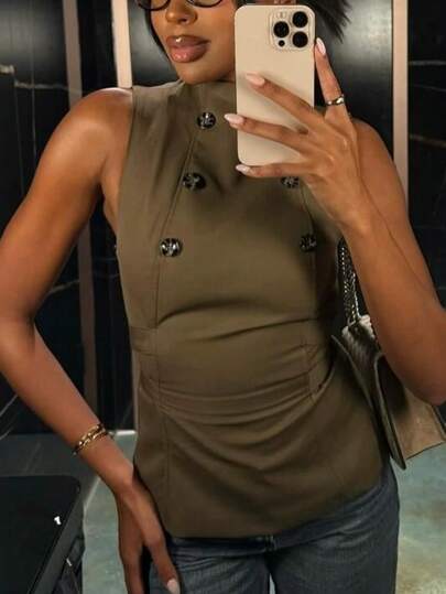 Button And Waist Design Elegant Sleeveless Vest Top, Suitable For Brunch And Dates Summer