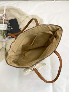 Gradient Striped Straw Tote Bag, Bow Tie Shoulder Bag, Large Capacity Woven Casual Bag, Retro PU Leather Strap, Fits , Casual Beach Vacation Bag, French Slouchy, Large Zipper Tote Bag, Commute & Travel Dual-Use Bag, Essential For Summer Beach Vacation - Coffee Brown - View 9