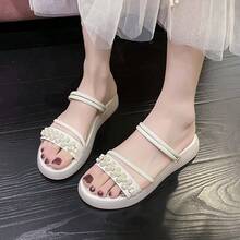 Chanclas de mujer con tiras finas, perlas, puntera redonda y suela gruesa para el verano - Beis - Ver 5