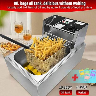 LÈRFM [MXBTG-]Freidora profunda eléctrica comercial con control de temperatura, freidora eléctrica de aceite pesado con temperatura ajustable, máquina de patatas fritas, 6l de gran capacidad, comida para el hogar, fiesta, freidora comercial opcional