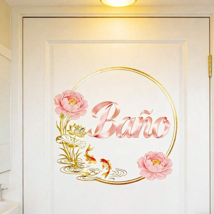 1pc Self-Adhesive Spanish "Bathroom" PVC Bathroom Door Sticker - Self-Adhesive Round Peony Flower Sticker, Suitable For Lotus And Goldfish Wall Decals, Suitable For Doors, Semi-Matte Spanish Sign, Removable - Multicolor - View 1