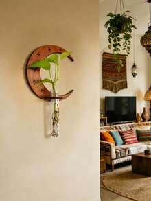 1个波西米亚新月形木质空心花瓶，悬挂式塑料管植物架，适用于水培和扦插，易于安装，四季皆宜，波西米亚简约透明水培绿玫瑰植物家居装饰 - 适用于卧室、客厅、走廊、婴儿房、厨房、办公室和小屋（随机管型） - 彩色 - 查看 13