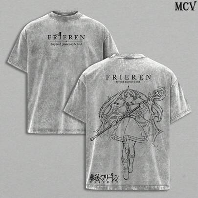 Camiseta retro popular/camiseta gris de gran  Frieren Tee Washed – Camiseta con capucha de manga larga de algodón grueso lavado vintage de Frieren Beyond Journey's End, top gráfico unisex de estilo urbano retro con doble estampado, edición Fantasy Healing Journey, la mejor camiseta de regalo de merchandising de anime japonés.