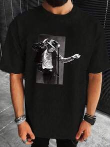 Men'S Vintage Graphic Tee - Featuring An Iconic Dance Stance And Signature Hat, 80S Retro Pop Music Shirt, Casual Round Neck Short Sleeve Top For Concerts And Everyday Wear (Regular Fit) - 黑色 - 查看 7