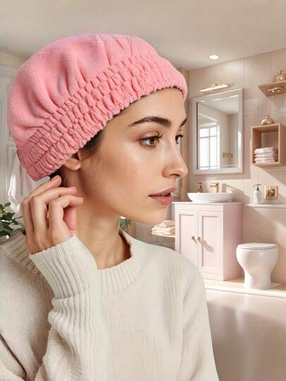 1 chiếc mũ trùm tóc bằng vải lông san hô, cực kỳ mềm mại và thấm hút tốt, khăn lau tóc nhanh khô, vật dụng lý tưởng trong phòng tắm dành cho các cô gái và phụ nữ. Khăn trùm tóc dày bằng vải lông san hô với nơ xinh xắn, kiểu khăn xếp tóc không cần sấy khô.