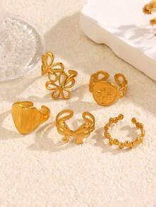 5件套18K镀金不锈钢简约优雅几何心形花朵蝴蝶结戒指套装，适合女性日常、假日、办公、约会等各种场合佩戴，简约时尚的珠宝礼品。 - 彩色 - 查看 5