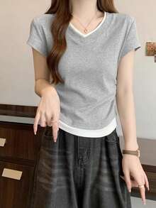 2 In 1 Design Short Sleeve T-Shirt, Fitted Korean Style Cropped Tee For Petite Women, Summer Casual - Grey - View 3