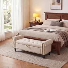 Techigher Ottoman Storage Bench, End Of Bed Storage Box With Wood Legs, Upholstered Bedroom Bench With Button Tufted Design And Rolled Arms, Sofa Bench For Bedroom/Living Room - Beige - View 2